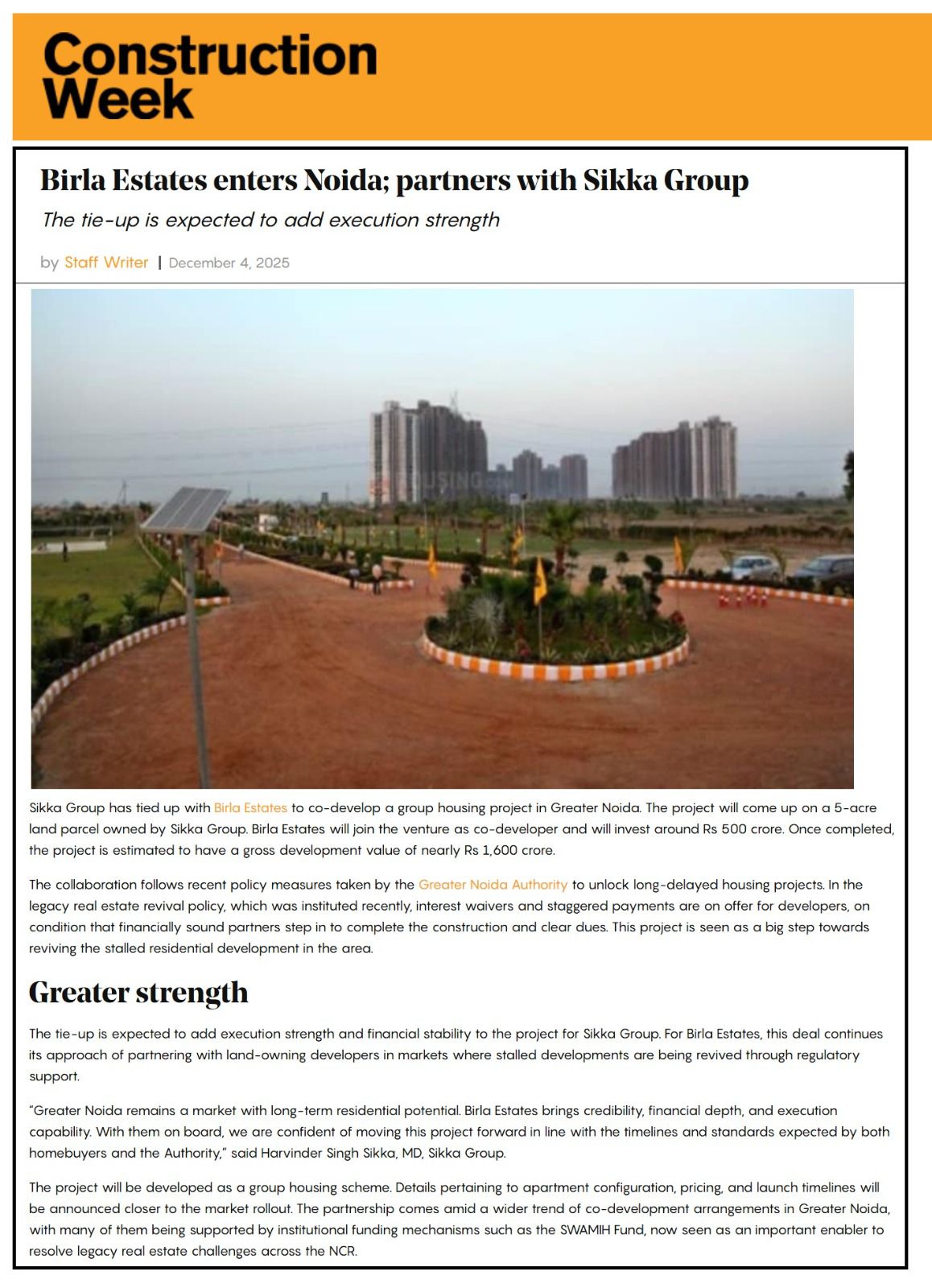 Birla Estate ties up with Sikka Group